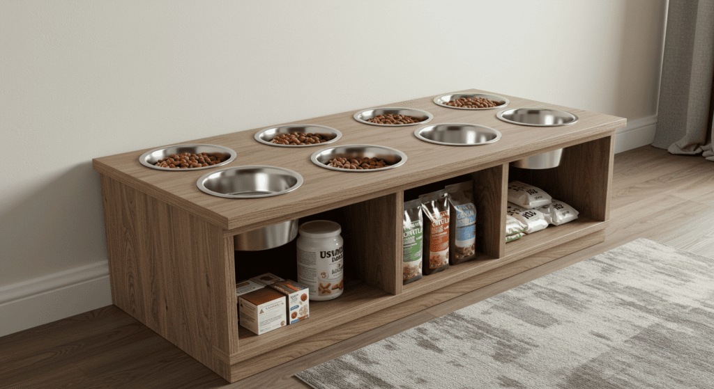 Pet feeding station with storage