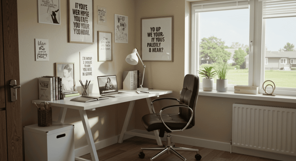 Creative home office design with personal touches and good lighting.