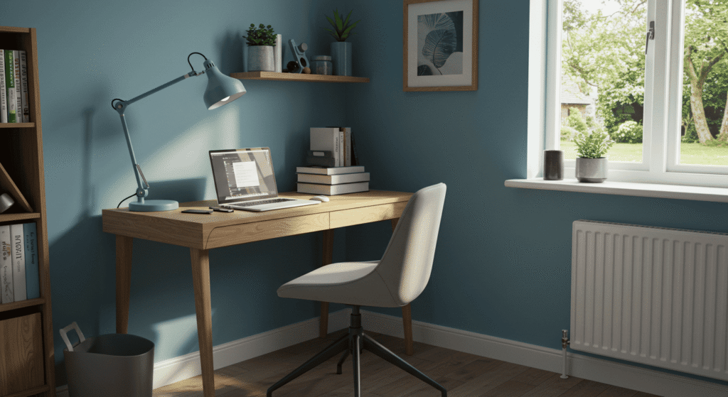 Cozy corner desk with productivity tools and decor.