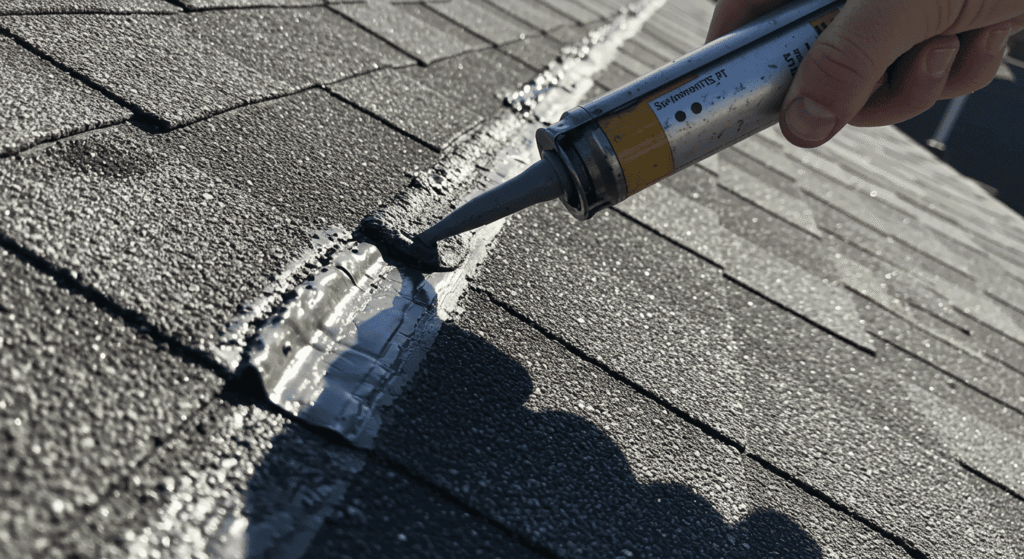 Close-up of damaged shingles on a leaking roof.