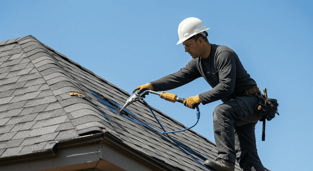 Professional roofer working on a residential rooftop.