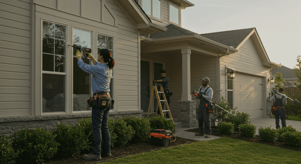 Homeowner inspecting roof as part of seasonal maintenance.