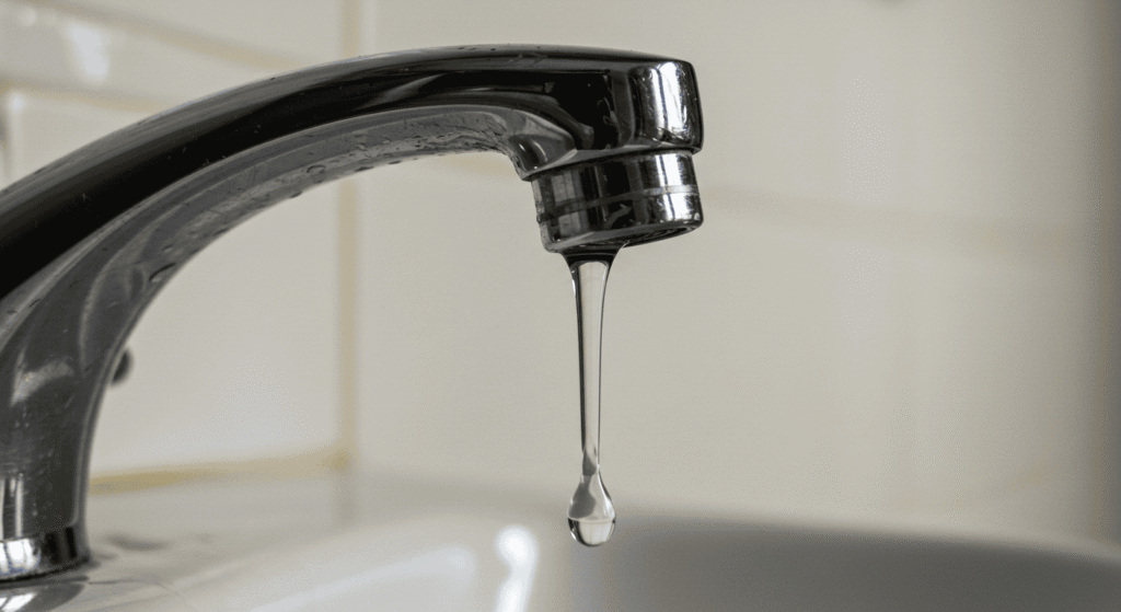 Close-up of a leaking faucet before repair.