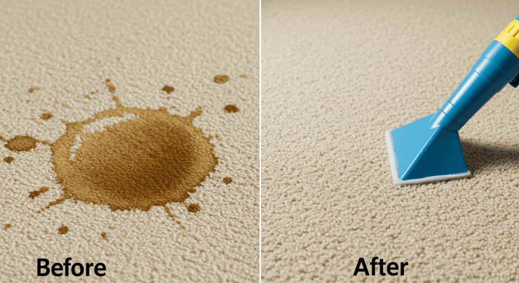 Fresh coffee spill on light-colored carpet.