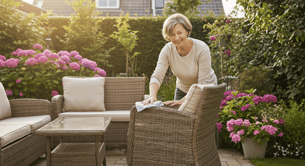 Eco-friendly cleaning products used on outdoor furniture.