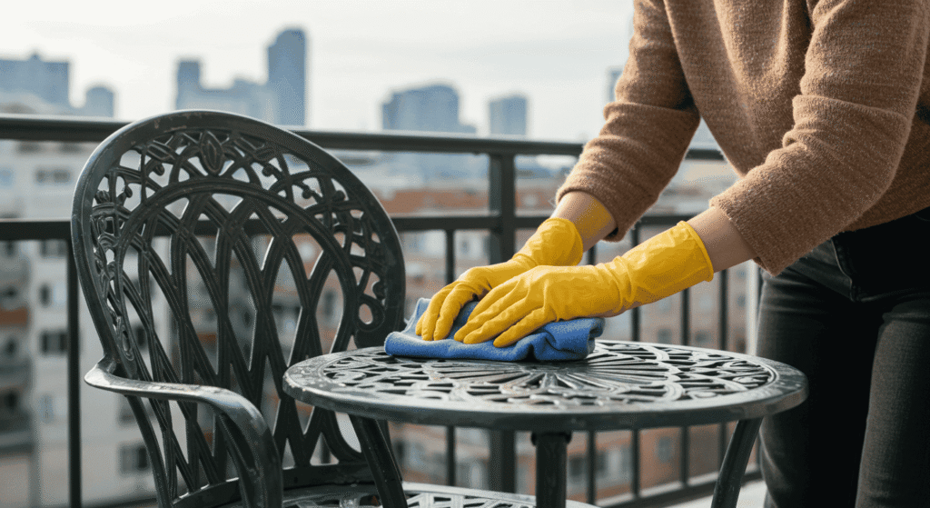 Cleaning outdoor patio furniture with a garden hose.