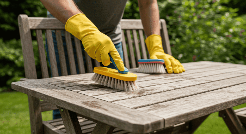 Person scrubbing outdoor chairs with soap and water.