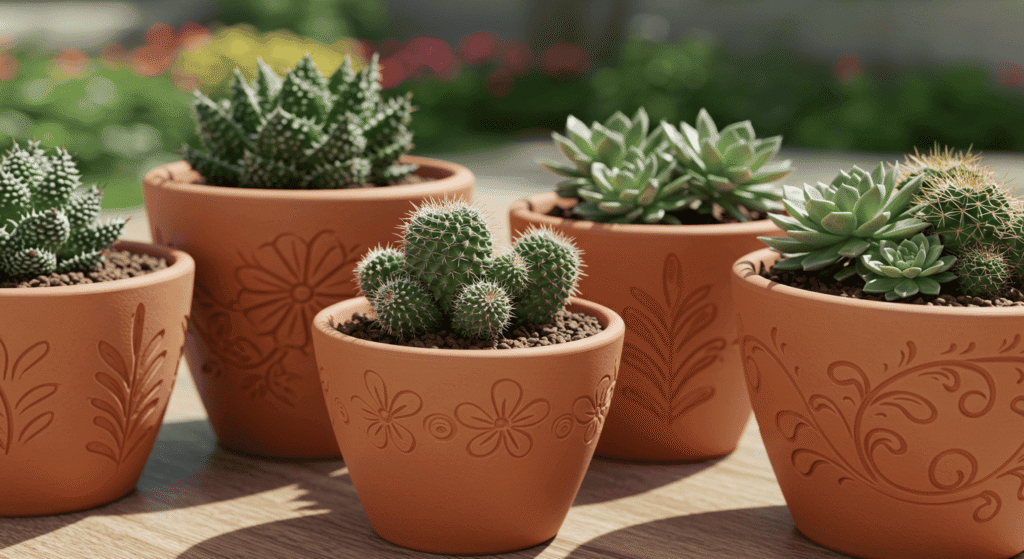 Mix of modern, boho, and classic planters arranged together.