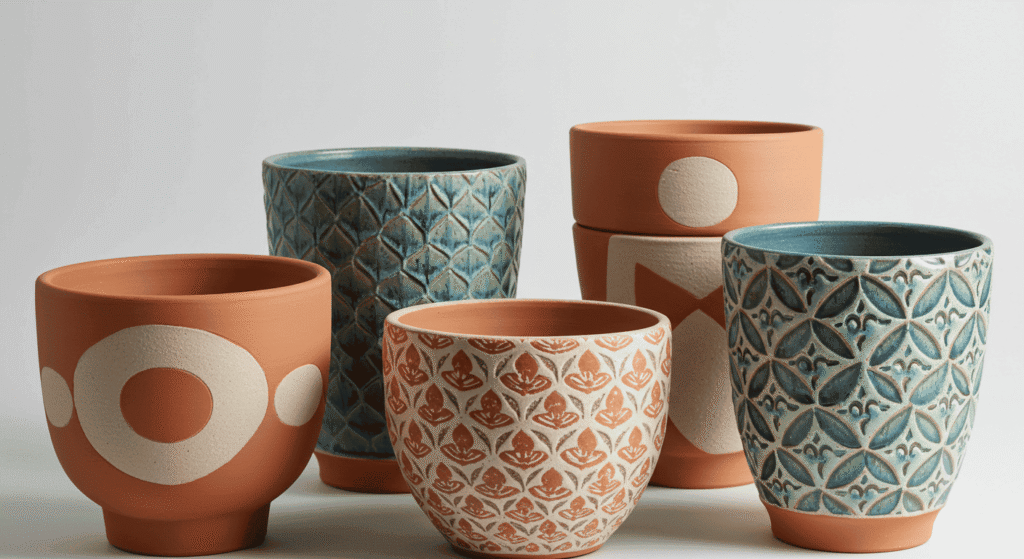 Boho-style plant pots with woven textures and natural tones.