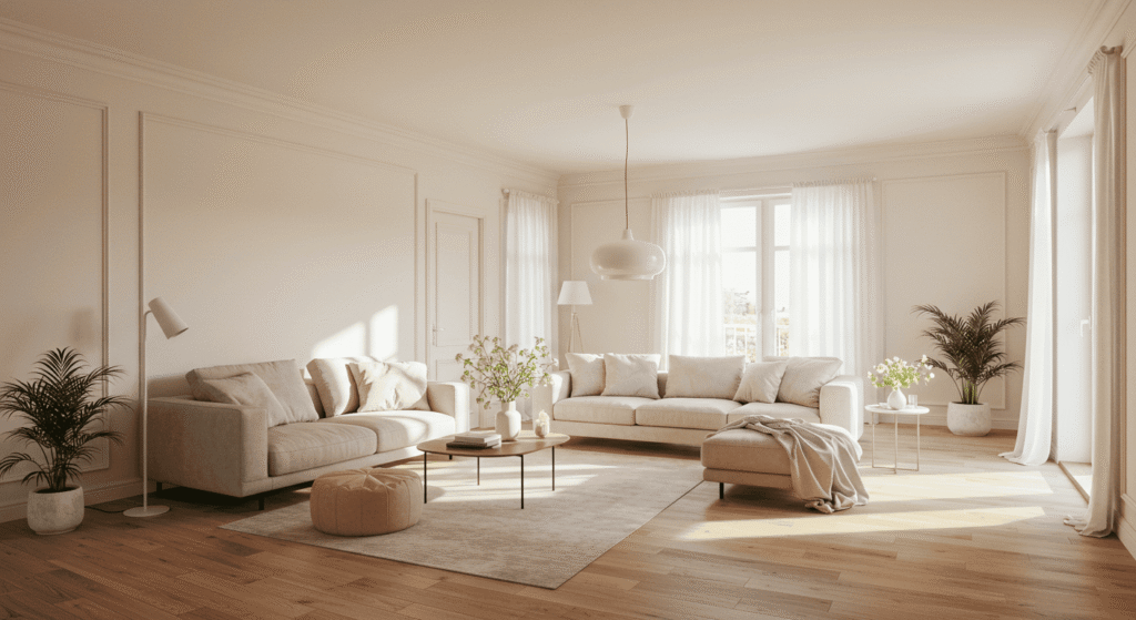 Cozy living room with open windows and fresh air flowing in.