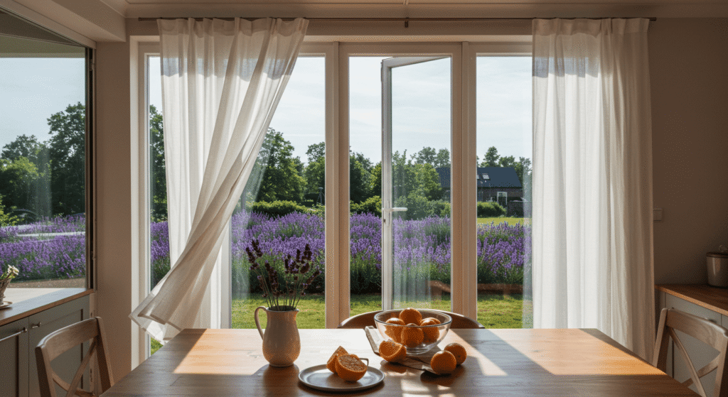 Open windows and sheer curtains letting in fresh air.