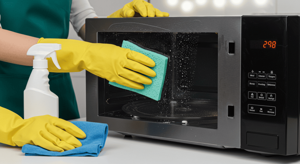Wiping down microwave interior after steam loosens grime.
