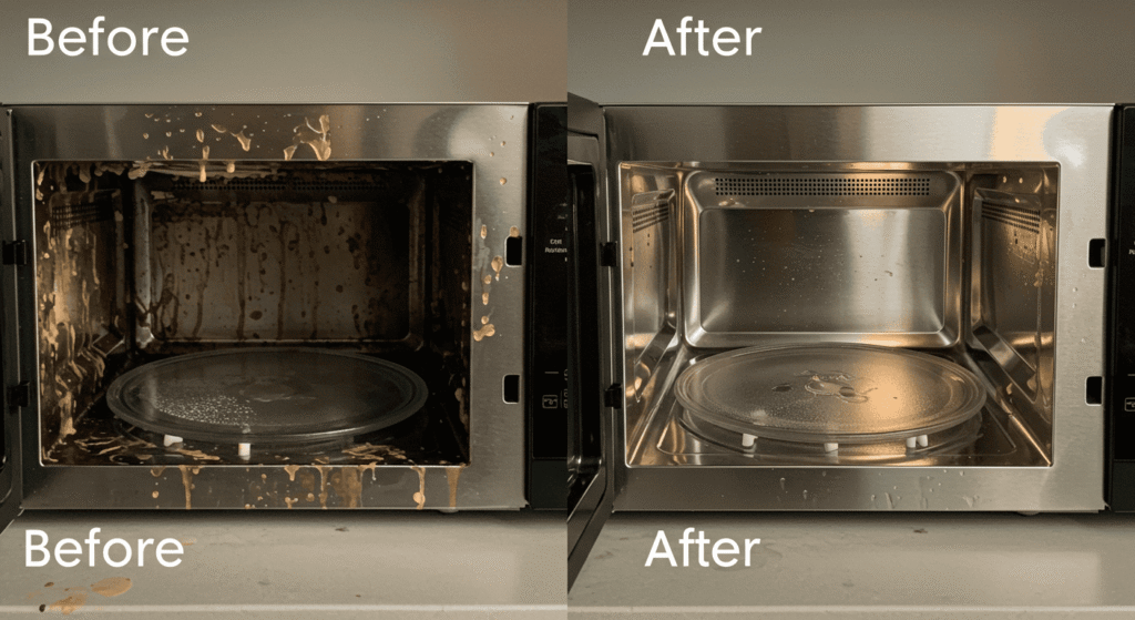 Before and after of microwave cleaned with simple methods.