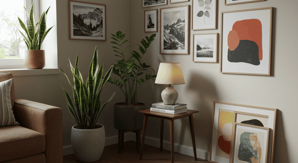 Decorating an empty corner with plants and art