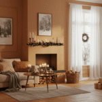 Cozy fall home décor with pumpkins, candles, and warm tones
