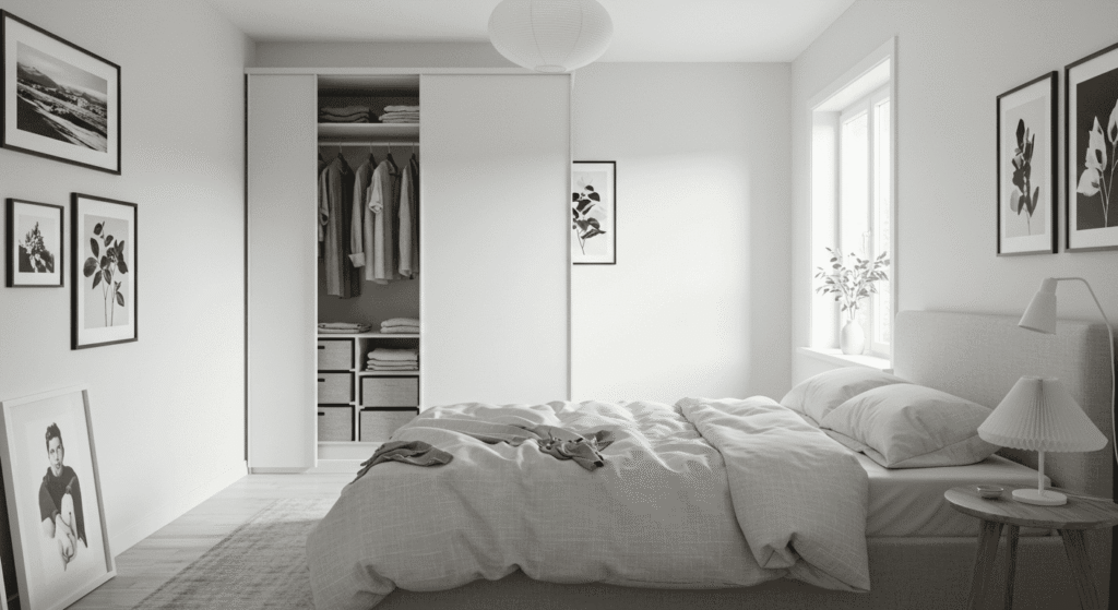 Neatly organized bedroom with cozy bedding and soft lighting
