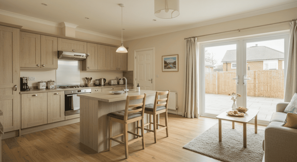 Modern kitchen organized and ready to host guests with snacks and drinks