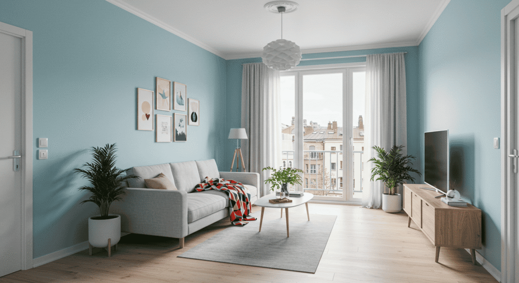 Living room in small apartment styled with neutral tones and simple decor