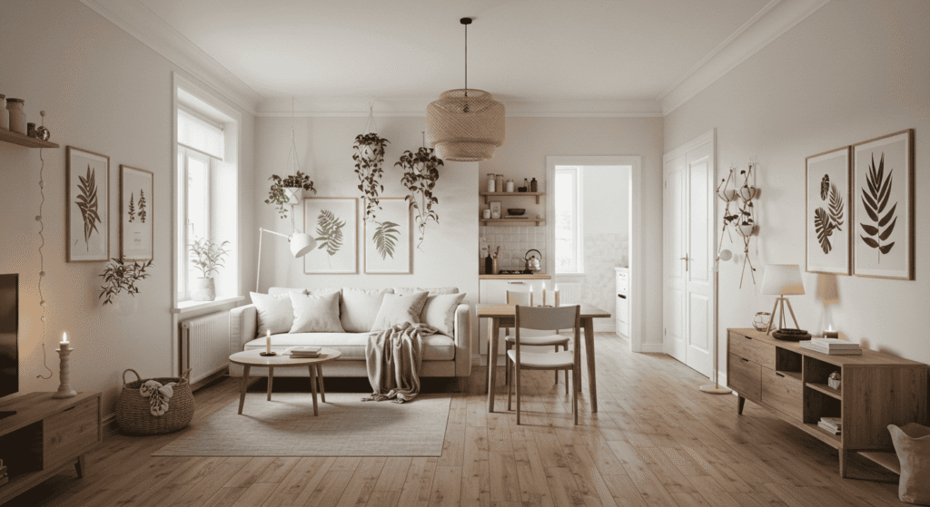 Cozy apartment decorated with mirrors and light colors to create spacious feel