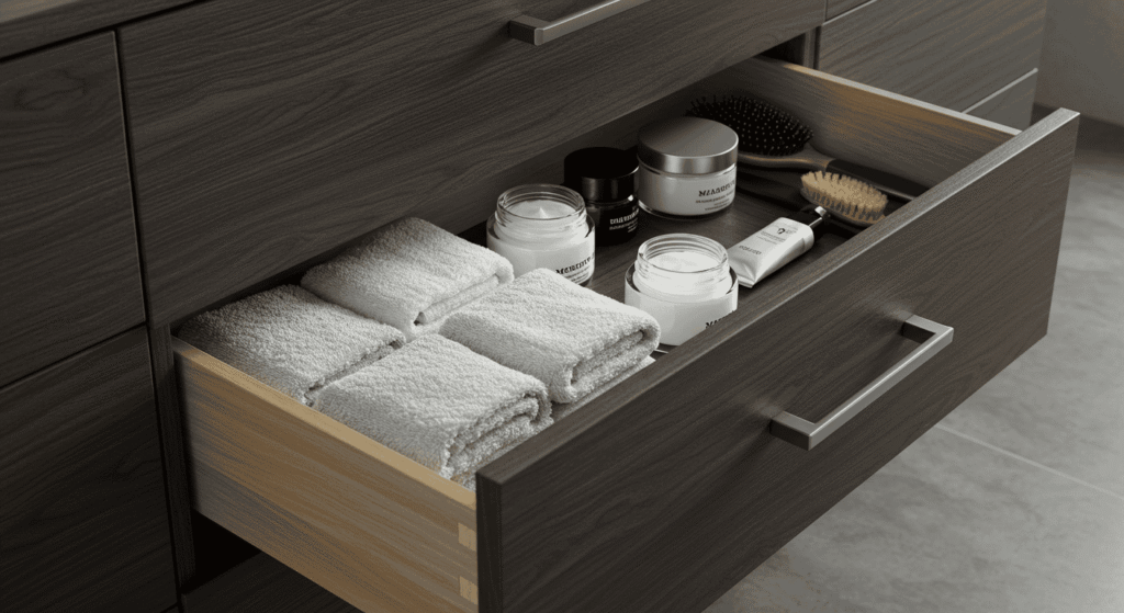 Narrow bathroom storage cabinet with pull-out drawers.