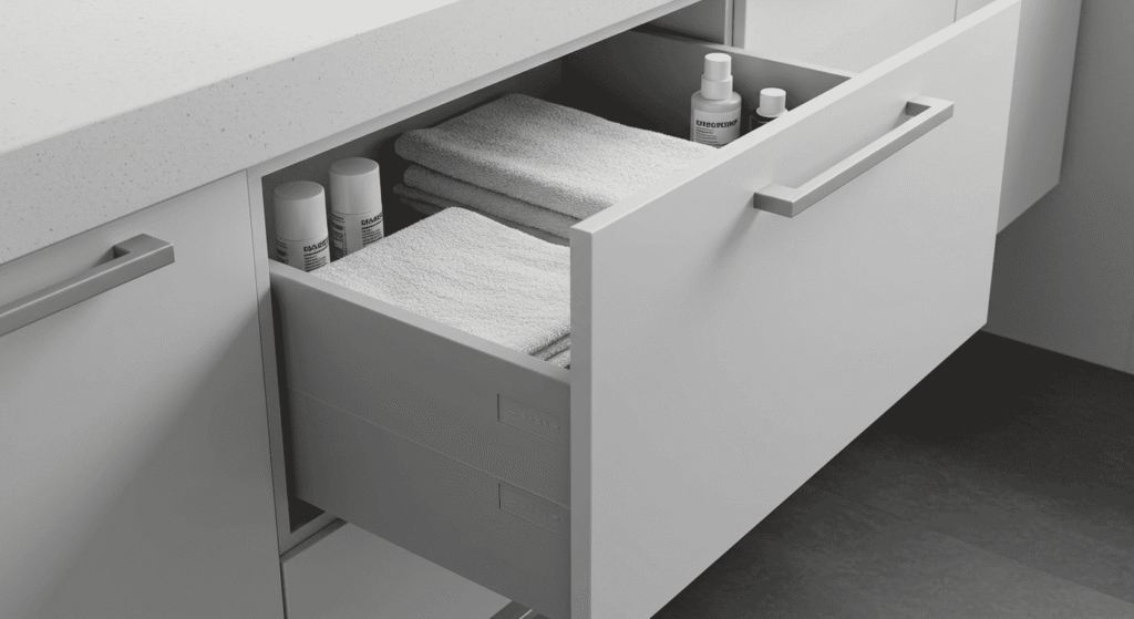 Space-saving drawer organizer in a modern bathroom.