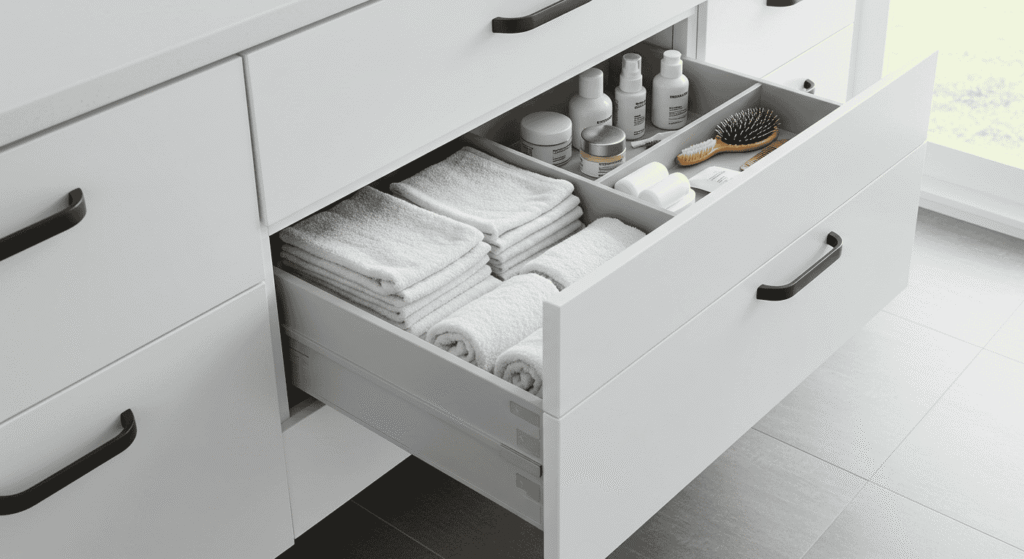 Small bathroom featuring slim vertical drawer units.