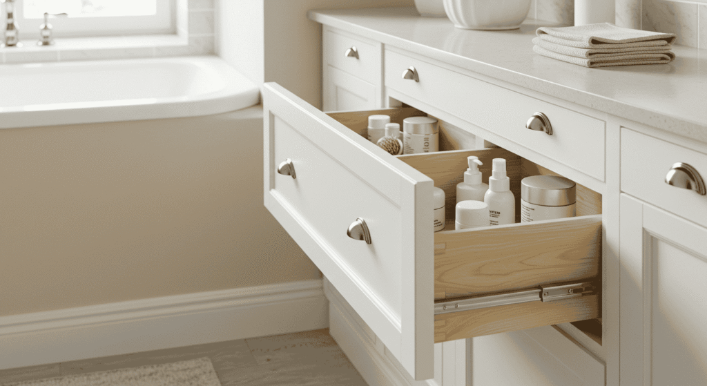 Compact bathroom vanity with built-in storage drawers.