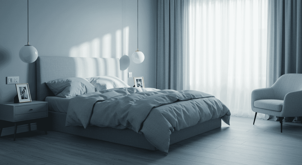 Cozy guest bedroom with neutral tones and layered bedding.