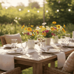 Outdoor table set for a barbecue with friends in summer.
