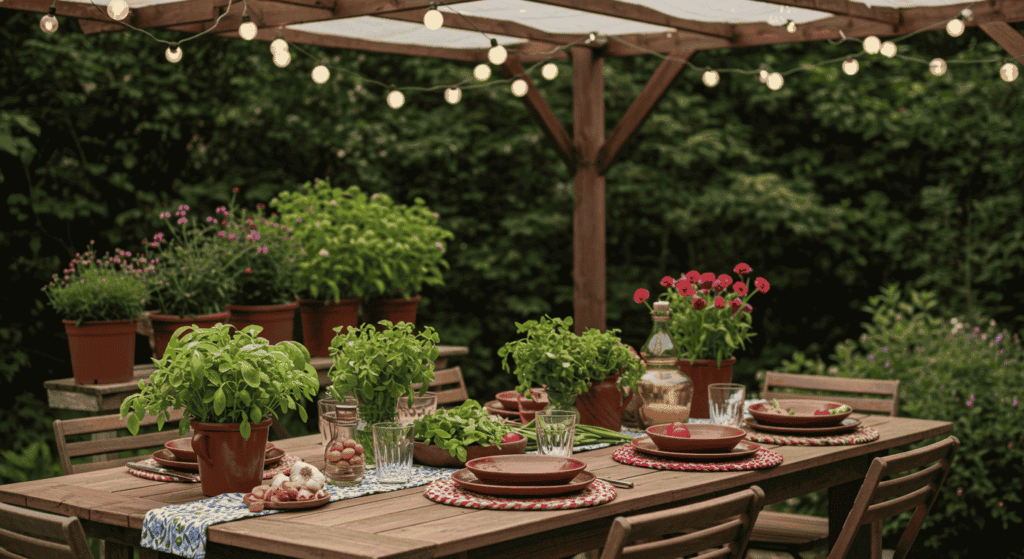 Garden dining setup with rattan chairs and light tableware.