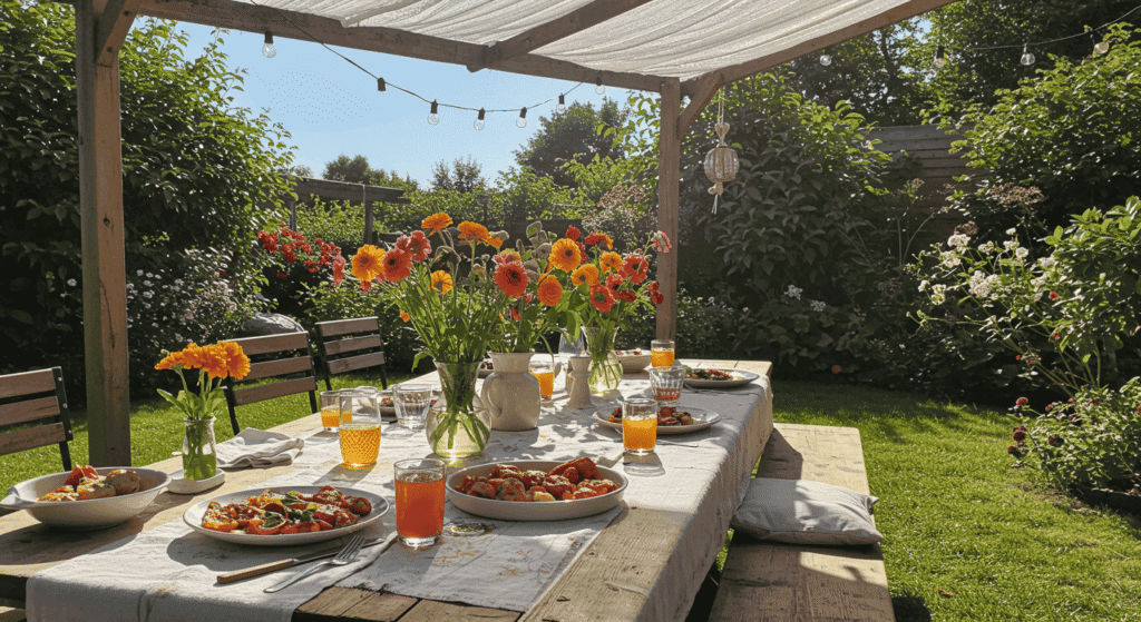 Al fresco dining table decorated with fresh flowers and candles.