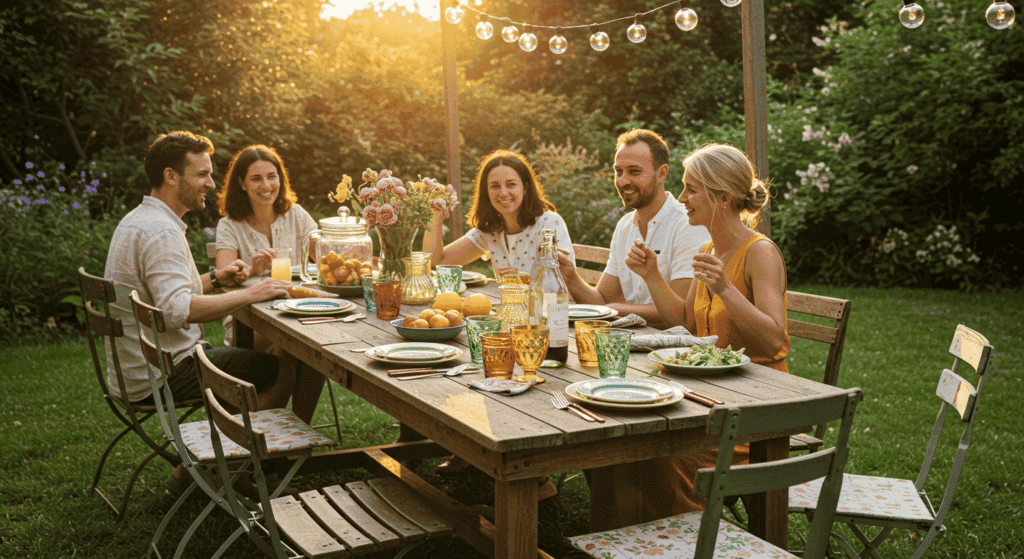 Backyard patio with a colorful summer dining setup.