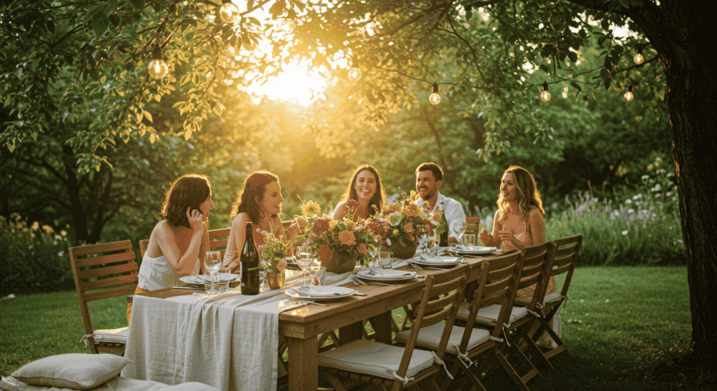 Elegant outdoor dining table set for a summer evening meal.