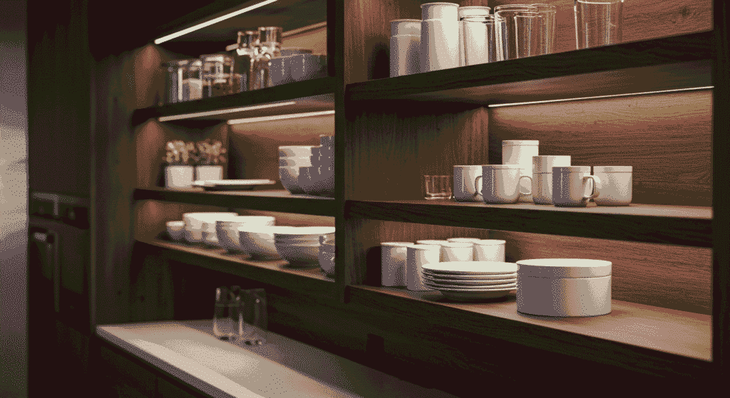 Open kitchen shelves organized with labeled jars and baskets.