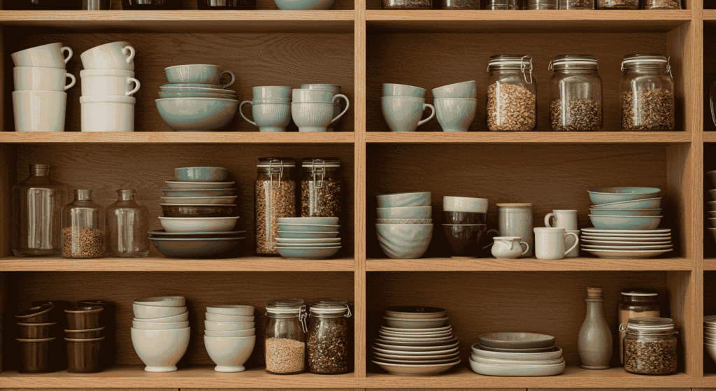 White open kitchen shelves styled with plants, jars, and cookware.