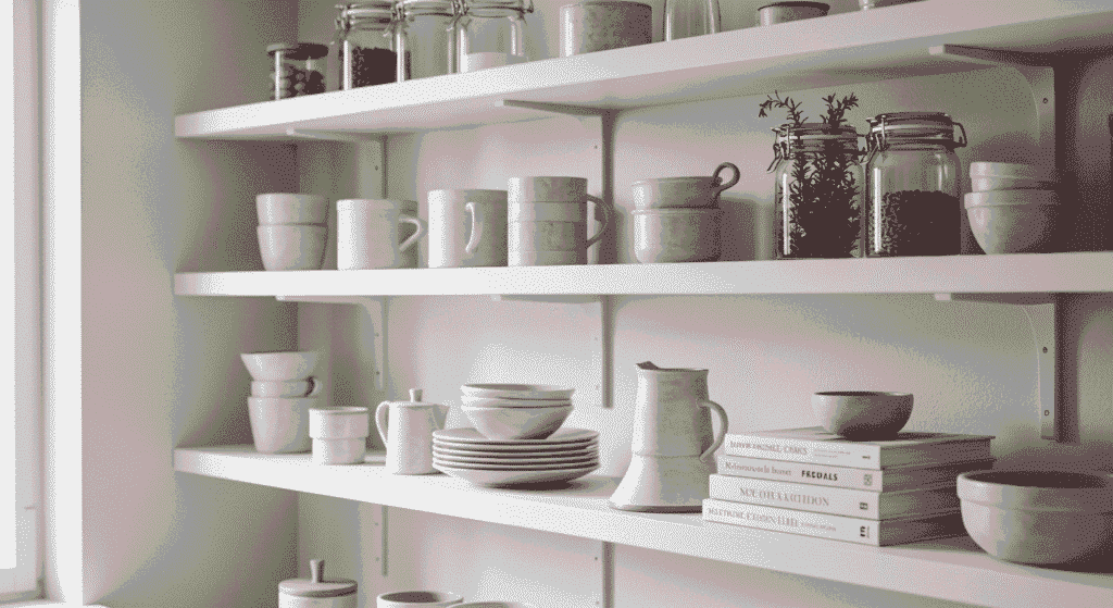 Modern kitchen with open wooden shelves displaying neatly arranged dishes.