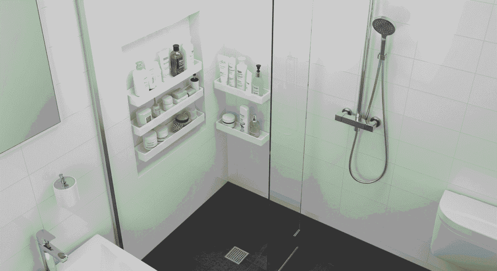 Overhead hanging shower shelf maximizing vertical space.