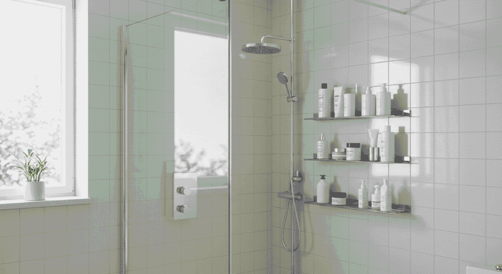 Minimalist wall-mounted shower shelf in a small bathroom.