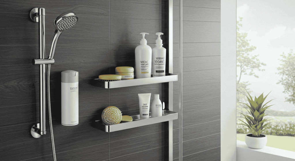 Space-saving shower caddy with multiple tiers for toiletries.