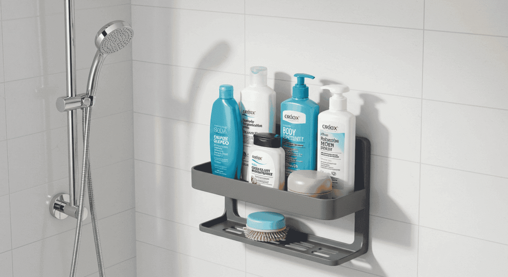 Compact corner shower shelves holding shampoo and soap neatly.