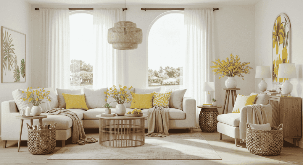 Minimalist living room styled with light wood furniture and breezy textiles.