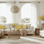 Minimalist living room styled with light wood furniture and breezy textiles.