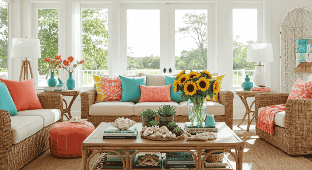 Living room with white walls, green plants, and sunlight streaming through large windows.