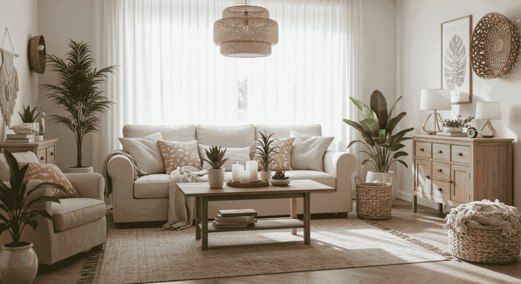 Modern living room featuring rattan furniture and natural woven rugs for summer.