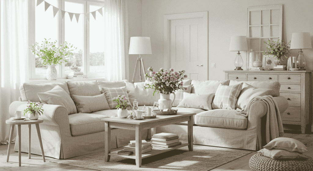 Cozy living room decorated with fresh flowers and pastel-colored accents.