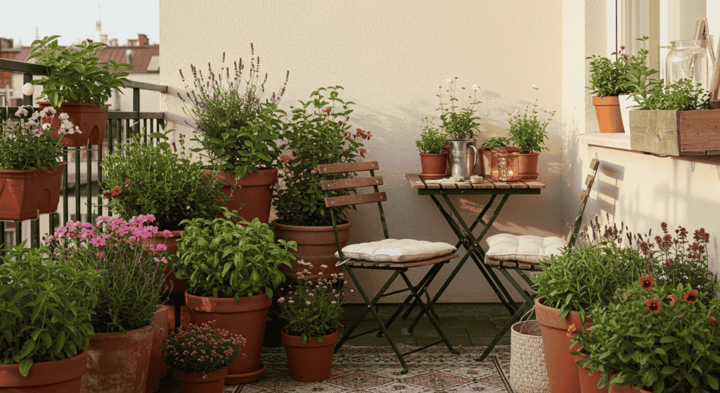 Creative container garden using mason jars and repurposed pots.