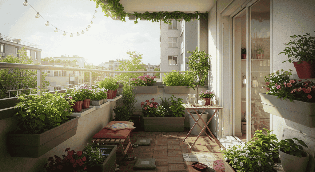 Small indoor garden with assorted plants arranged on shelves.