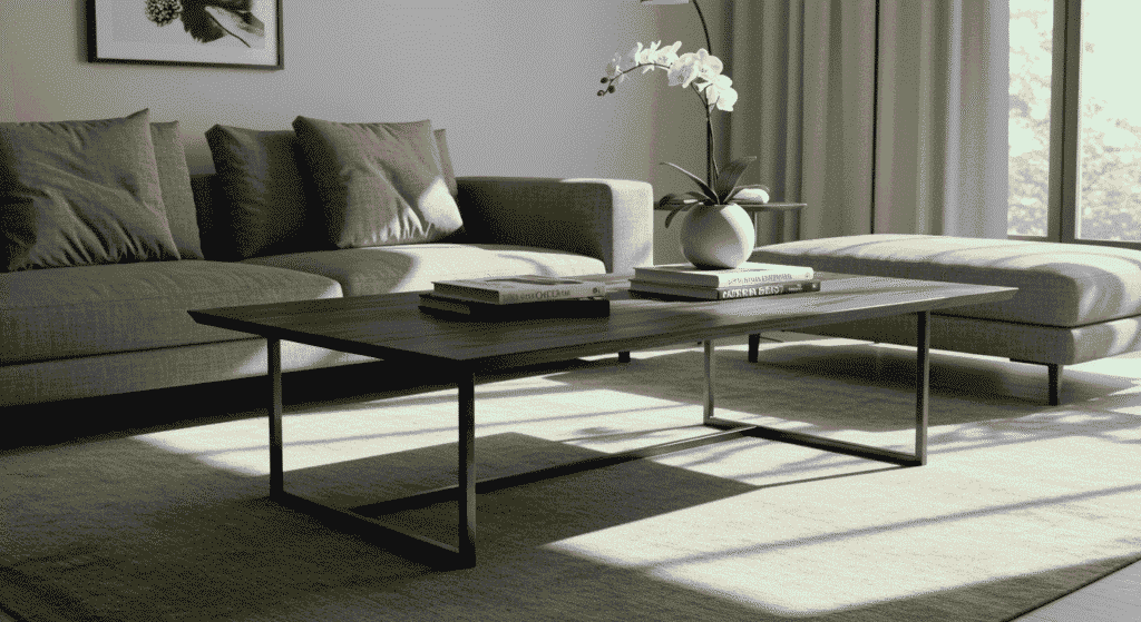 Compact coffee table with built-in storage in a small apartment.