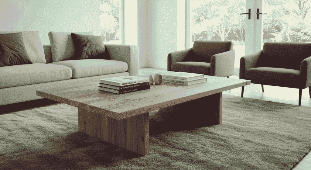 Minimalist coffee table with a vase of flowers and design books.