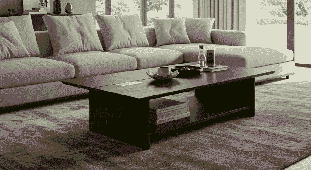 Cozy seating area with a wooden coffee table and decorative accents.
